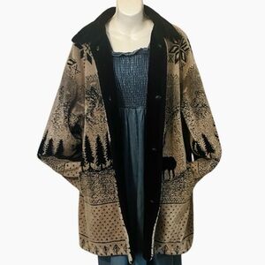 Beige Black Reversible Thick Fleece Winter Patterned Button Down Jacket XL